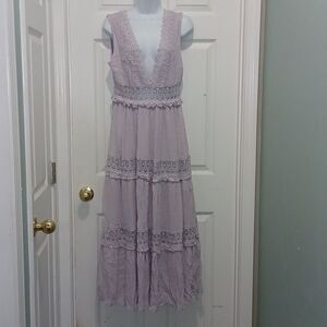 Mable Savanna Maxi Sleeveless Lace Inserts Plunging Neckline Boho Dress Sz M NWT